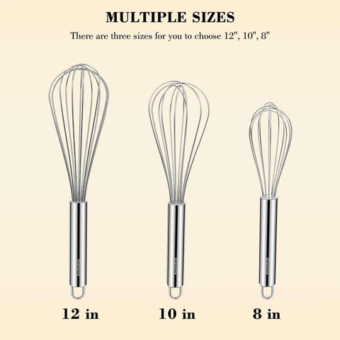 Go-To Stainless Steel Balloon Whisk Set in 8 Inch, 10 Inch, and 12 Inch Sizes - 3 durable rust-resistant wire whisks displayed vertically