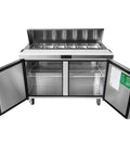 Built Like A Tank Two Section Sandwich Salad Top Refrigerator Stainless Steel Commercial Prep Counter with open doors and shelves.