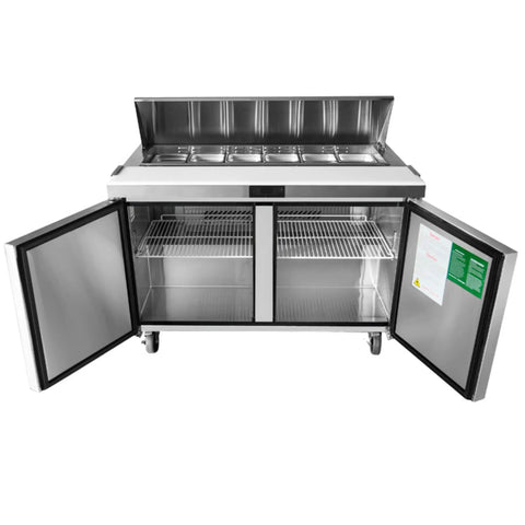 Built Like A Tank Two Section Sandwich Salad Top Refrigerator Stainless Steel Commercial Prep Counter with open doors and shelves.