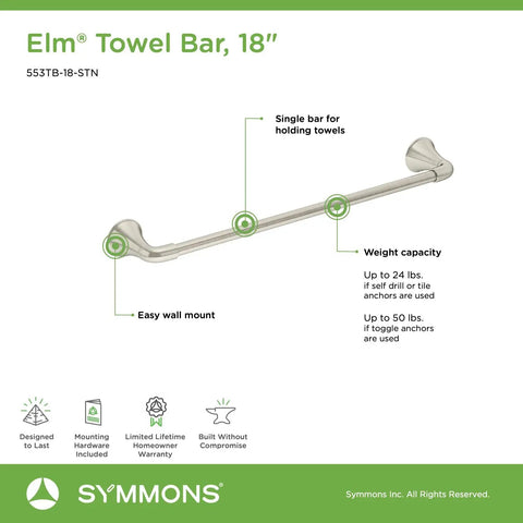 Elm 18 Inch Wall Mounted Towel Bar Satin Nickel Finish For Modern Bathrooms Durable Metal Bath Hardware With Easy Install
