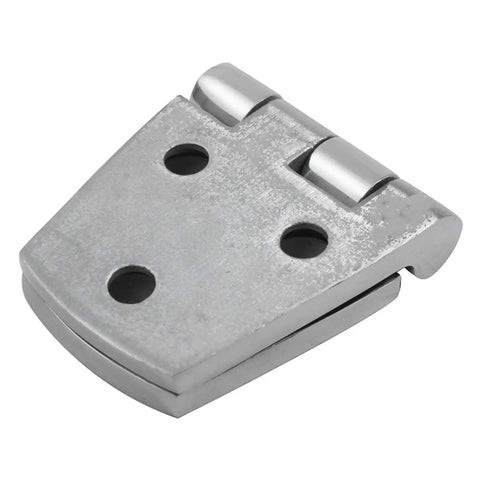 Close-up of stainless steel strap door hinges, part of 4 piece set for boats and yachts, 76 by 38 mm silent operation marine hardware.