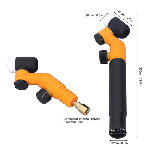 Air Cooled Welding Torch Head With 360 Degree Swivel Neck, One Handed Operation, Rotating Head Replacement shown in orange with black handle.