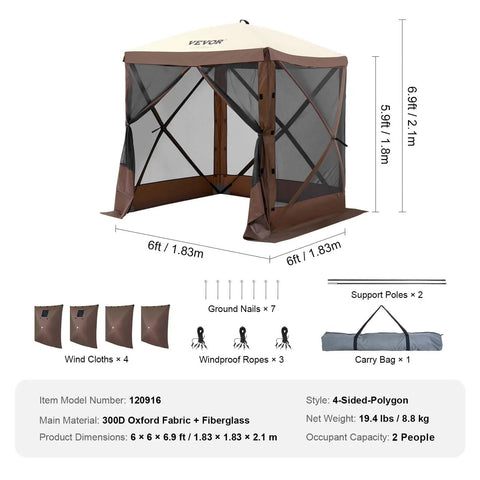 Pop Up Gazebo Screen Tent 6x6 Ft Quick Set Canopy with Mesh Windows Removable Privacy Wind Cloths Mosquito Netting 4 Sides Outdoor Sun Shelter Easy Setup Brown 3D view