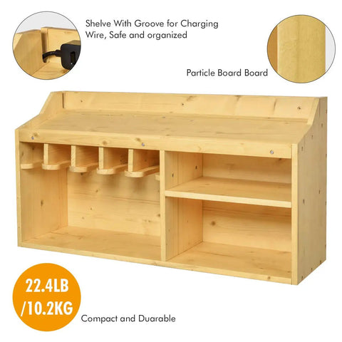 Power Tool Organizer And Storage Cabinet With Wooden Drill Charging Station All In One Wall Mount Rack And 3 Shelves