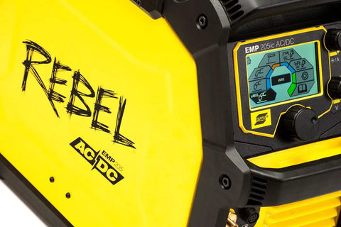 Rebel EMP 205ic AC DC Multi-Process Welder For MIG, STICK, And TIG With High Frequency Start, Pulse DC, Balance And Frequency Adjustments, SmartMIG Technology, Ideal For Pros And Hobbyists In The Shop