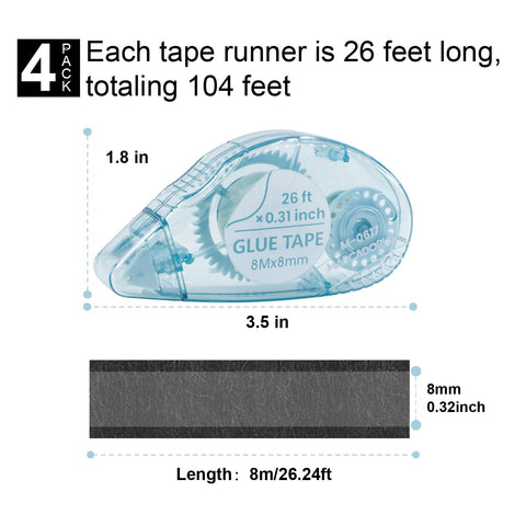 Double Sided Scrapbooking Tape Runner 4 Pack, 26 Feet By 0.31 Inch, ergonomic design, dimensions and product details visible