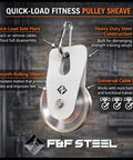 Quick-Load Fitness Pulley Sheave for Home Gym with heavy-duty construction and smooth-rolling sheave, compatible with most systems.