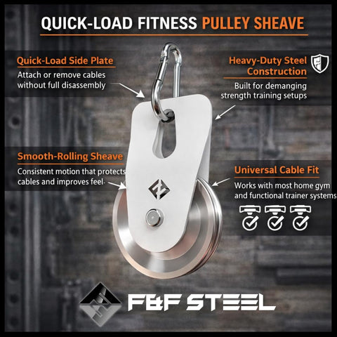 Quick-Load Fitness Pulley Sheave for Home Gym with heavy-duty construction and smooth-rolling sheave, compatible with most systems.