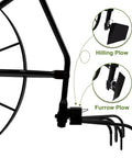 High Wheel Cultivator With Comfort Handle Three Position Adjustable Depth Quick Change Implements All Steel Construction Heavy Duty And 24 Inch Steel Wheel for easy tilling, showing interchangeable implements