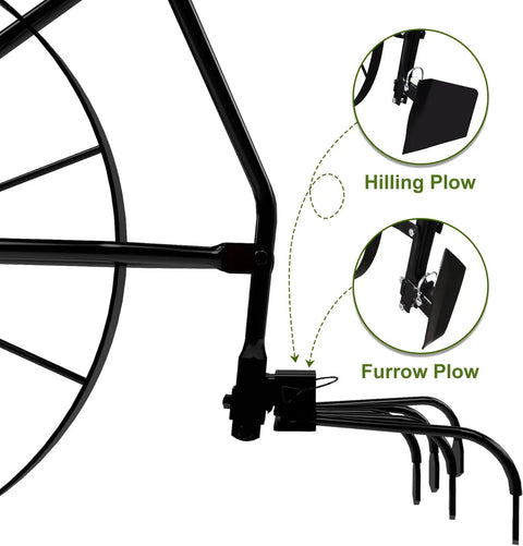 High Wheel Cultivator With Comfort Handle Three Position Adjustable Depth Quick Change Implements All Steel Construction Heavy Duty And 24 Inch Steel Wheel for easy tilling, showing interchangeable implements