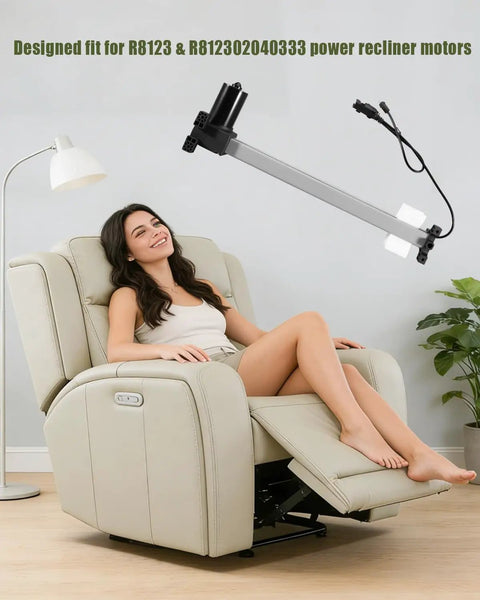 Heavy Duty Linear Actuator For R8123 R812302040333 Power Recliner Motor Replacement displayed with woman reclining on chair
