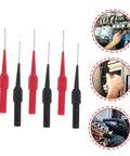 Six Pack Wire Piercing Probes For Multimeters, Precision Test Leads With Metal Tips, shown in red and black with usage examples.