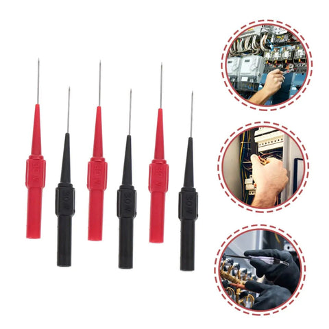 Six Pack Wire Piercing Probes For Multimeters, Precision Test Leads With Metal Tips, shown in red and black with usage examples.