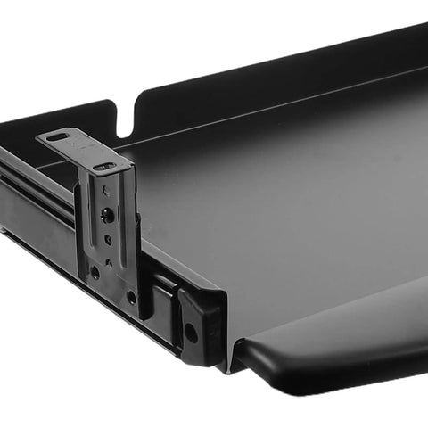 Close-up of the Slick Under Desk Keyboard Tray featuring smooth glide retractable slides, heavy-duty steel construction.