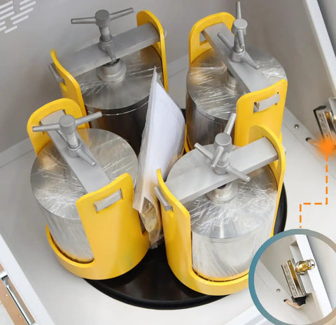 4L Planetary Ball Mill Pulverizer with ceramic grinding jars in secure yellow holders for lab milling and mixing of samples
