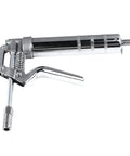 Handheld 120cc Grease Gun for Industrial Equipment Maintenance and Manual Lubrication, chrome plated metal, side view