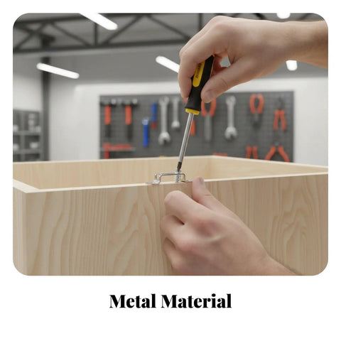 Heavy Duty Invisible Furniture Connectors For Cabinet Assembly And DIY Woodworking 100 Pcs Silver Hidden Joint Clamps securing wooden cabinet.