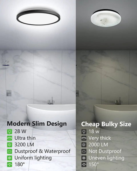 Comparison of Two Pack 12 Inch LED Flush Mount Ceiling Light, 28W 5000K Daylight vs. traditional bulky light in bathroom setting.