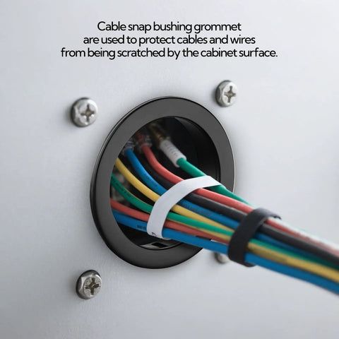 Black Cable Snap Bushing Grommets Kit 110 Pcs Pro Grade Easy Install Snap In Cord Protectors For Wires In 1/2 Inch 3/4 Inch 7/8 Inch 1-1/2 Inch 1-3/4 Inch And 2 Inch Tough PA66 Plastic High Temp. installed in panel opening with multi-color wires