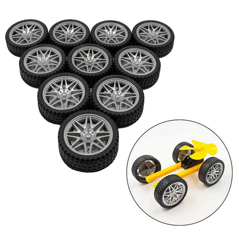 10 Piece Toy Car Wheel Set With Rubber Tires And 5 Piece Metal Shaft Axles For DIY RC Cars Trucks Robots And Helicopters