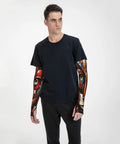 Sick Kitten Print Arm Sleeves For Men And Women Ice Silk Sun Protection With Thumb Hole Anti Slip Grip shown on male model.