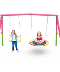 Heavy Duty Backyard Swing Set With Stand For Indoor Outdoor Fun 440 Lb Capacity Metal Frame Includes 32 Inch Saucer Swing And 26.2 Inch Belt Seat Double Swing Fun For Kids And Adults Pink Playset with children swinging.