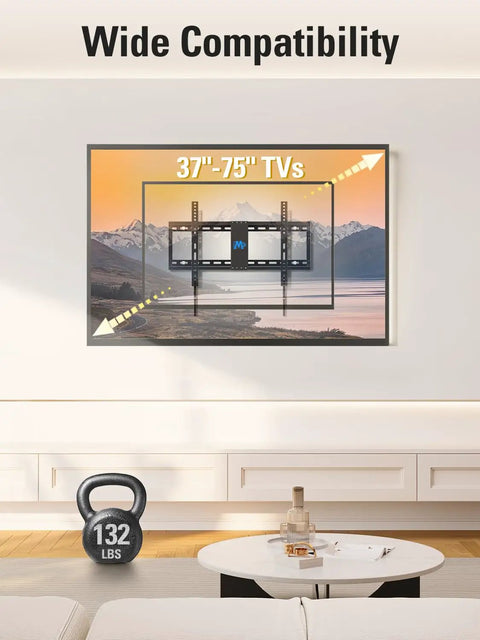 Heavy Duty Tilting TV Wall Mount For 37 To 90 Inch Flat Screens Up To 132 Pounds With Rock Solid Steel Brackets displayed with 132 lbs weight.