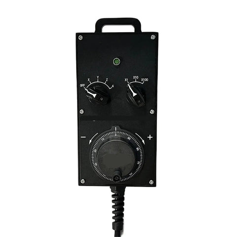 Ditch The Keyboard With This Slick HS Series Handheld Jogging Dial. Your Super Cool Manual Pulse Generator For CNC Machines And Milling Control Stations. Rock Solid Build, Smooth Grip, And Instant Precise Movement. A Total Game Changer For Pros Who Need black CNC jog dial controller with cable, handle, and rotary selector