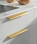 10 Pack 7 1/2 Inch Matte Gold Finger Pulls For Cabinets And Drawers, brushed brass edge pull on white kitchen drawer