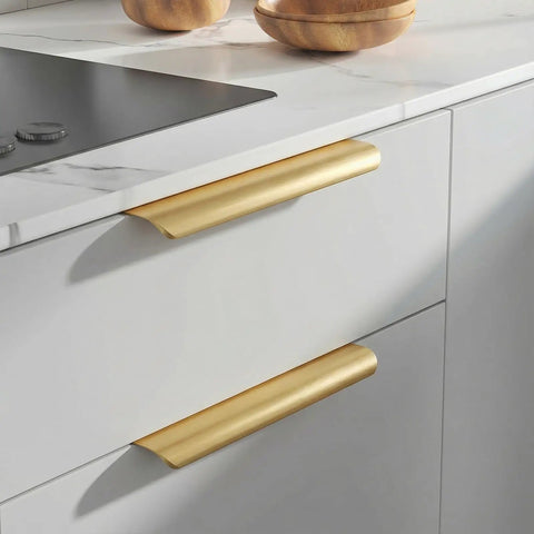 10 Pack 7 1/2 Inch Matte Gold Finger Pulls For Cabinets And Drawers, brushed brass edge pull on white kitchen drawer