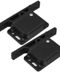 RV Cabinet Door Latch 2 Pack With Push To Close Mechanism, black ABS material, includes screws and adhesive, close-up view