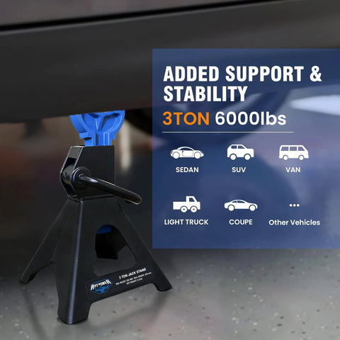 ANTPOWER 3-Ton jack stand with black steel base and blue lifting saddle; supports up to 6000 lbs
