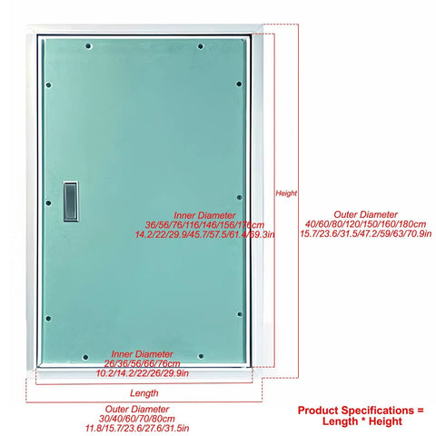 Kick Ass Heavy Duty Aluminum Alloy Wall Access Panel Attic Hatch Door with dimensions and specifications chart.