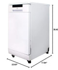 18-Inch Energy Star Portable Dishwasher In White, compact design with wheels, measures 35.63" tall, perfect for small kitchens.