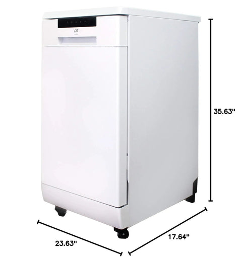 18-Inch Energy Star Portable Dishwasher In White, compact design with wheels, measures 35.63" tall, perfect for small kitchens.