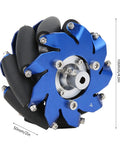 MUNEFE right mecanum wheel, 4-inch aluminum body with TPU rubber rollers, blue side view