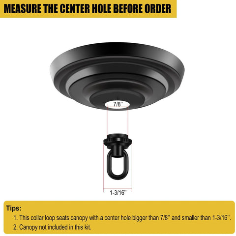 Front view of black ceiling canopy with screw collar loop pendant hanger; 1 pack, heavy-duty die-cast metal