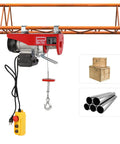 Heavy Duty 1200W Electric Hoist Winch 110V Pure Copper Motor hanging from a beam, lifting items like crates and pipes.