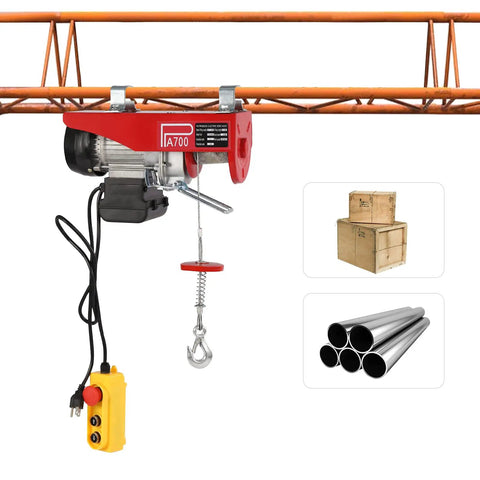 Heavy Duty 1200W Electric Hoist Winch 110V Pure Copper Motor hanging from a beam, lifting items like crates and pipes.