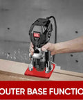 Built Tough Three In One Router Milling Groove Bracket with smooth slide jig in action on wood, showcasing router base function.