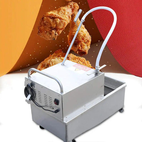 Kickass Commercial Fryer Filter With 550 Watt Pump And 55 Liter Tank, stainless steel unit filtering grease above fried chicken.