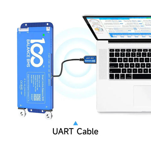 Dead Simple Plug And Play Wifi Module For Smart Active Balance Bms connected via UART cable to a laptop for monitoring.