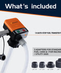 Portable Fuel Transfer Pump With Auto Stop Sensor And Overflow Protection, Kit With 4 Tank Adapters, Orange and Black