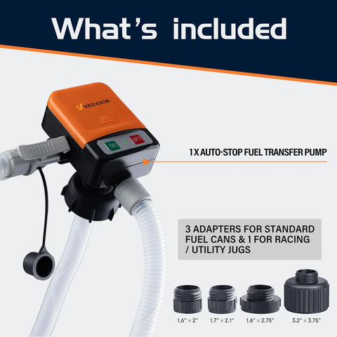 Portable Fuel Transfer Pump With Auto Stop Sensor And Overflow Protection, Kit With 4 Tank Adapters, Orange and Black