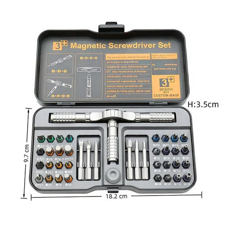 40 Piece Ratchet Tool Kit For Home And Professional Use With Magnetic Bits Detachable T Handle in open case with dimensions