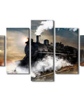 Old School Train Wall Art Set With Nighttime Steam Locomotive Canvas And Wooden Frame Retro Home Decor For Living Room And Office Ready To Hang Five Panel 60x32 Inches