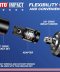Image of Two Piece 3/8 Inch Female To 1/2 Inch Male Impact Socket Adapter Set For Heavy Duty Wrench Transfers, showing adapter use with tools.