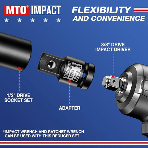 Image of Two Piece 3/8 Inch Female To 1/2 Inch Male Impact Socket Adapter Set For Heavy Duty Wrench Transfers, showing adapter use with tools.