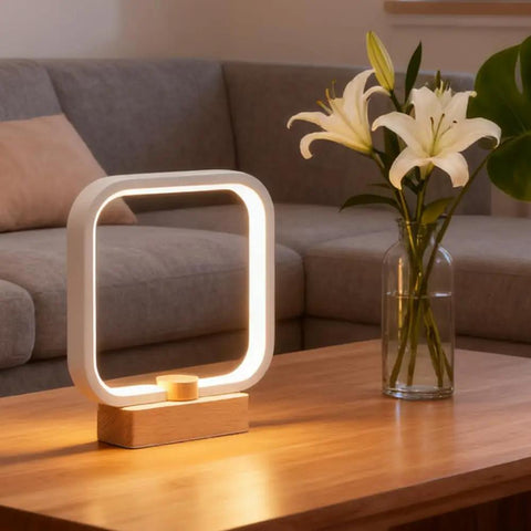 Wood Table Lamp With 3 Color Temperatures Dimmable LED Lighting Bedside Night Light Small Desk Lamp in cozy living room setting