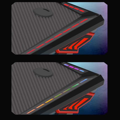 Close-up view of Dope Rose Pink Gaming Desk With Rgb Ambient Glow, showing carbon fiber surface and RGB lighting effects.